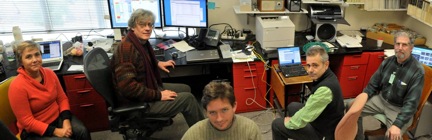 December 2008 AToL Morphology Scoring Party at Smithsonian USNM. Left to Right: Petra Sierwald (FMNH), Jonathan Coddington (USNM), Lorenzo Prendini (AMNH), Gustavo Hormiga (GWU), Charles Griswold (CAS).